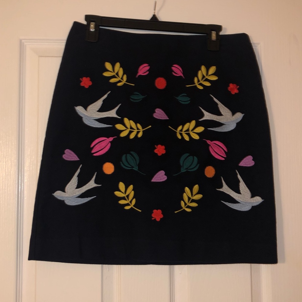 Boden Navy Skirt with Colorful Embroidery